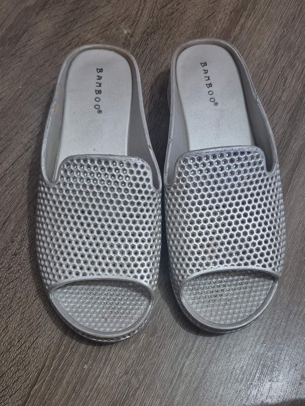 BAMBOO Silver Mesh Open-Toe Slide Mules